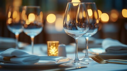 Elegant dining table set for a romantic evening with wine glasses and soft candlelight