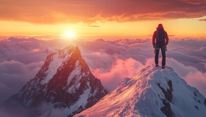 Fototapeta premium breathtaking view of mountain peak at sunset, showcasing climber standing on snowy summit, surrounded by clouds and vibrant colors in sky. scene evokes sense of adventure and tranquility