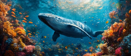Fototapeta premium Majestic whale swimming in vibrant coral reef, surrounded by colorful fish and marine life, showcasing beauty of underwater ecosystems