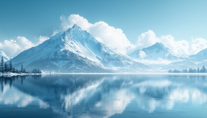 Obraz premium serene mountain range with glaciers reflects beautifully in calm lake, surrounded by soft clouds and tranquil atmosphere. scene evokes sense of peace and natural beauty