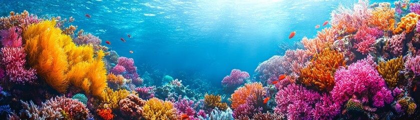 Fototapeta premium vibrant underwater scene with colorful coral reef, showcasing variety of corals and marine life. sunlight filters through water, creating serene and enchanting atmosphere