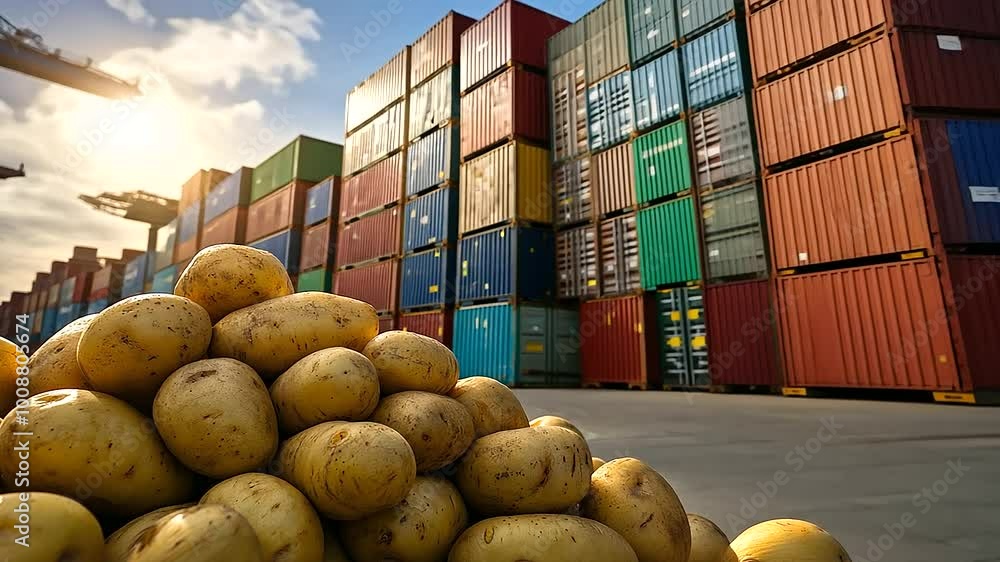 Poster a heap of potatoes beside a stack of containers at a busy shipping port, symbolizing the global dist