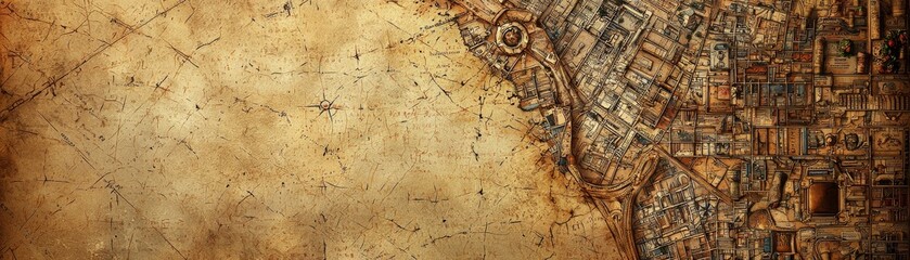 Fototapeta premium ancient map of shopping district, showcasing intricate details and historical elements. aged paper texture adds sense of nostalgia and exploration