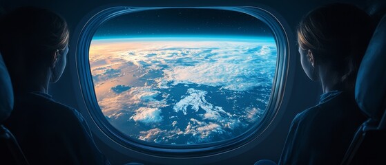 serene view of traveler gazing out of spacecraft window, observing breathtaking Earth from space. scene captures beauty of our planet and vastness of universe