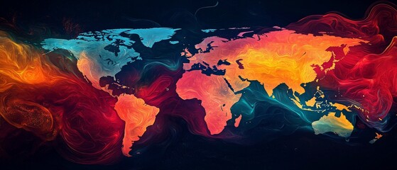 vibrant world map showcasing travel routes with colorful swirls representing different regions. dynamic colors evoke sense of adventure and exploration