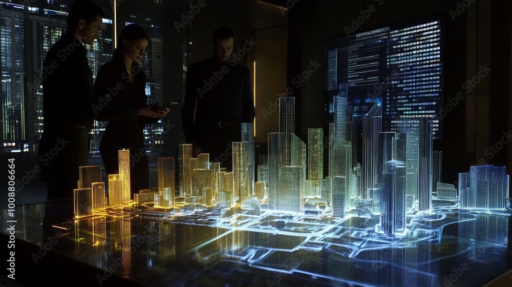 Poster this image shows an architect and engineer discussing using an augmented reality smartphone to desig