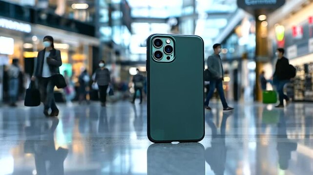 A sleek smartphone case mockup in a trendy design, placed on a blurred background of a tech retail store