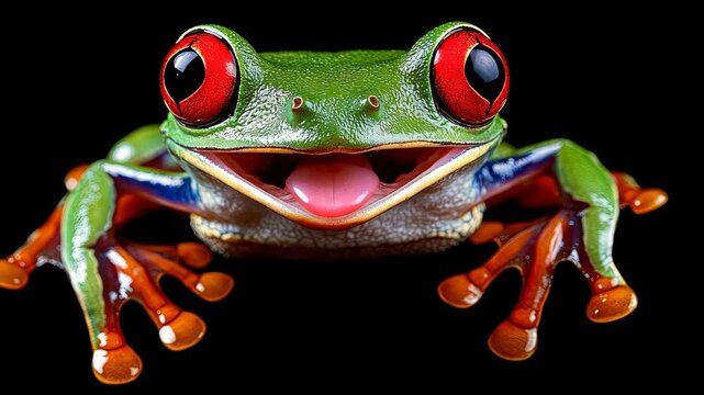 Red-eyed tree frog smiling and sticking out tongue