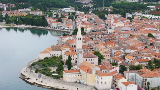 Aerial drone video of the coastal town named Porec in Istria, Croatia.