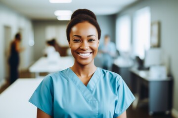 Portrait of a young nurse in scrubs at hospital
