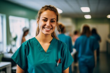 Fototapeta premium Portrait of a young nurse in scrubs at hospital
