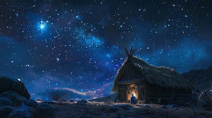 Fototapeta premium Realistic Nativity Scene Set Under a Starry Sky