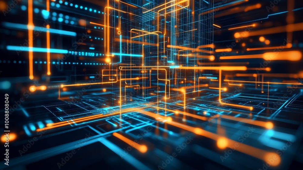 Poster the idea of a technology digital line corner structure linking cyber data networks. abstract 3d fly 
