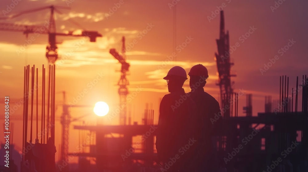 Poster two men standing in front of a construction site with a sunset in the background