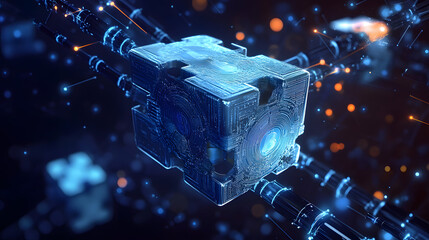 Blockchain technology. Big data processing, fintech and digital innovation. Cyberspace concept of future. Information block and cryptocurrency. 3D illustration on nanotechnology background