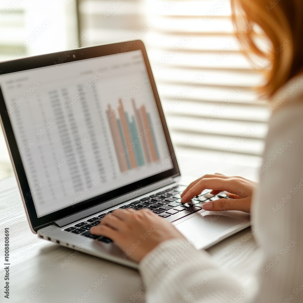 Aufkleber person analyzing data on a laptop with graphs and charts in a bright office setting.