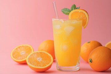 A tall glass of freshly squeezed orange juice with ice cubes and a slice of orange on the rim. 