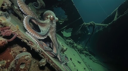Obraz premium Giant Octopus Wrapping Tentacles Around Shipwreck