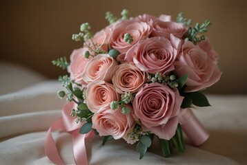Obraz premium bouquet of pink roses for the bride, Pink and mauve rose flower bouquet isolated on white , shadows, Close up of Hispanic bride holding bouquet of roses