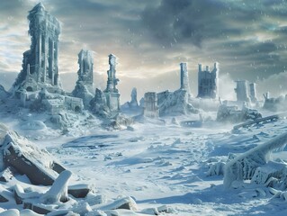 Frozen Landscape of a Desolate Icy Wasteland with Abandoned Ruins of Civilization