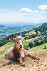 Fototapeta premium A relaxed goat lounging on hay with a scenic landscape in the background.