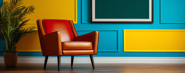 Creative stylish office with a large mockup frame, bold colors, innovative furniture design, and artistic elements