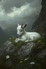 A serene white goat resting on a rocky ledge surrounded by flowers and a dramatic landscape.