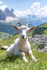 Fototapeta premium A serene goat resting on grass with a picturesque mountain village in the background.