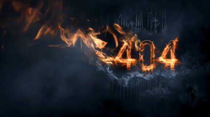 404 error message depicted with flames and smoke on a dark background creating a dramatic digital effect