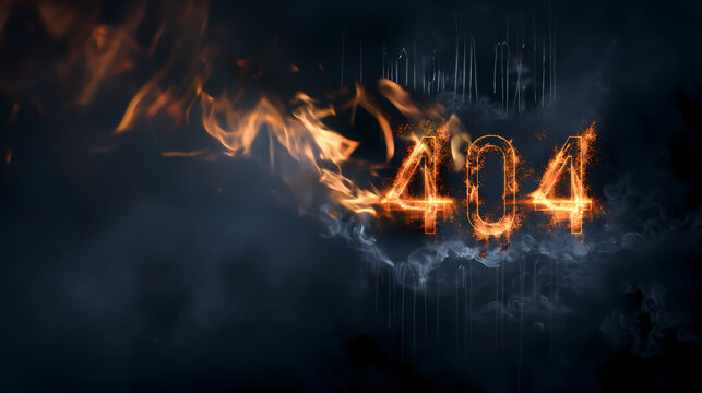 404 error message depicted with flames and smoke on a dark background creating a dramatic digital effect