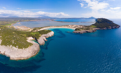 Aerial beautiful beach and water bay half moon Voidokilia famous beach of Peloponnese. Turquoise blue transparent water, unique rocky cliffs, Greece summer top travel destination