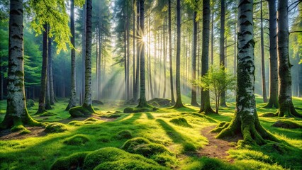 Fototapeta premium Sunlight streams through a canopy of ancient trees, illuminating a mossy forest floor, casting long shadows and creating a serene, ethereal atmosphere.