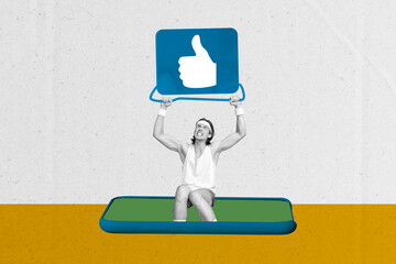Collage artwork image of strong man lifting heavy hard barbell sign thumb up isolated on drawing...