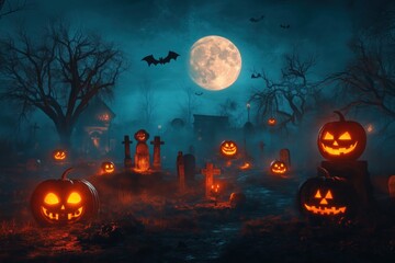 Fototapeta premium A haunting Halloween scene featuring glowing jack-o'-lanterns in a misty graveyard under a full moon.