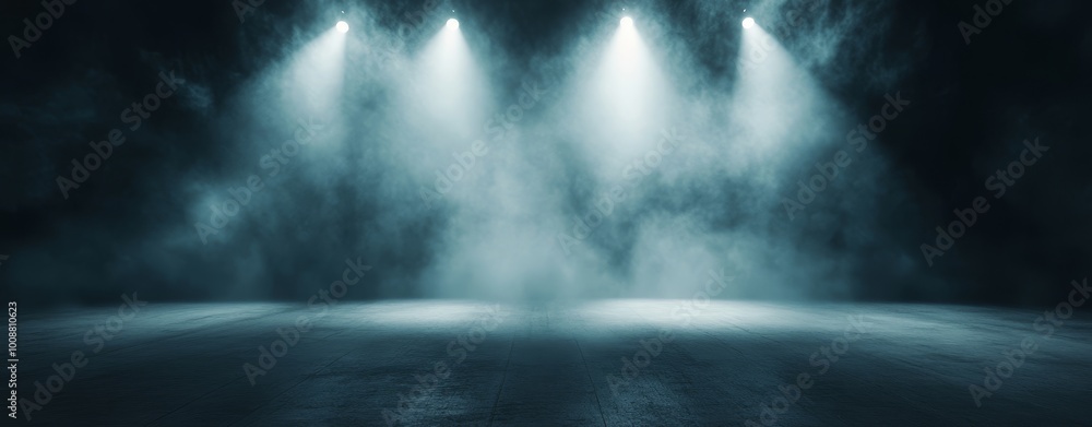Wall mural an open stage with smoke and fog in the background getting highlighted by spotlights, professional p