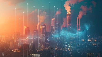 Fototapeta premium Futuristic Cityscape with Emissions Data Visualization Helping Understand Global Warming Impact
