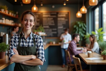 Smiling barista standing in cozy café with customers in the background, welcoming atmosphere