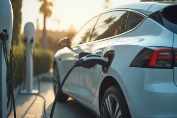 Electric car charging at a station during sunset, promoting sustainable energy and eco-friendly transportation