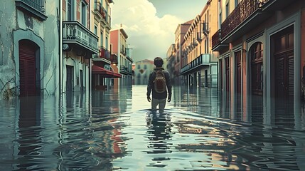 Solitary Person Wading Through Flooded Urban Street Representing Effects of Global Warming