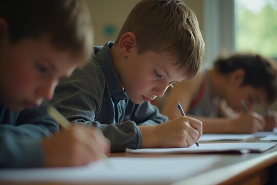 Focused young students writing during class, concentrating on their schoolwork in a classroom setting