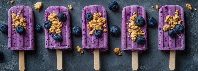 Fototapeta premium Satisfy your sweet tooth with five vibrant blueberry ice cream pops on a dark background