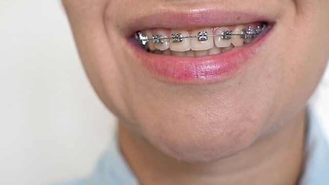 Close-up of a woman smile with braces on her teeth. 
