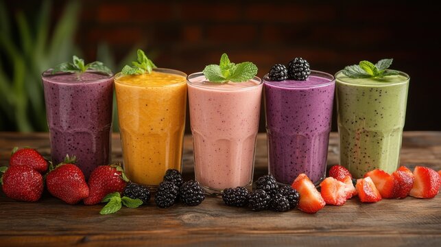 An inviting background showcasing a collection of healthy drinks, with fresh fruit smoothies in different flavors and colors on a rustic wooden table.