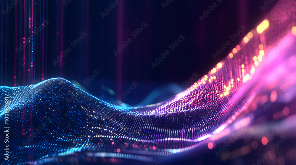 Aufkleber information waves, analytics data, field of successive points, data flow, neon light, cyber structur