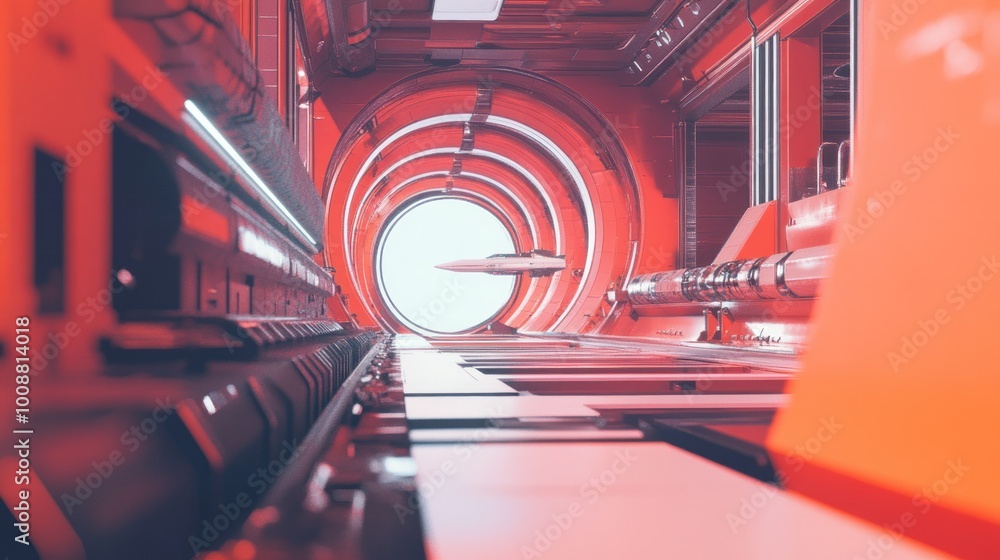 Poster Red Interior with a White Spaceship Viewed Through Circular Port