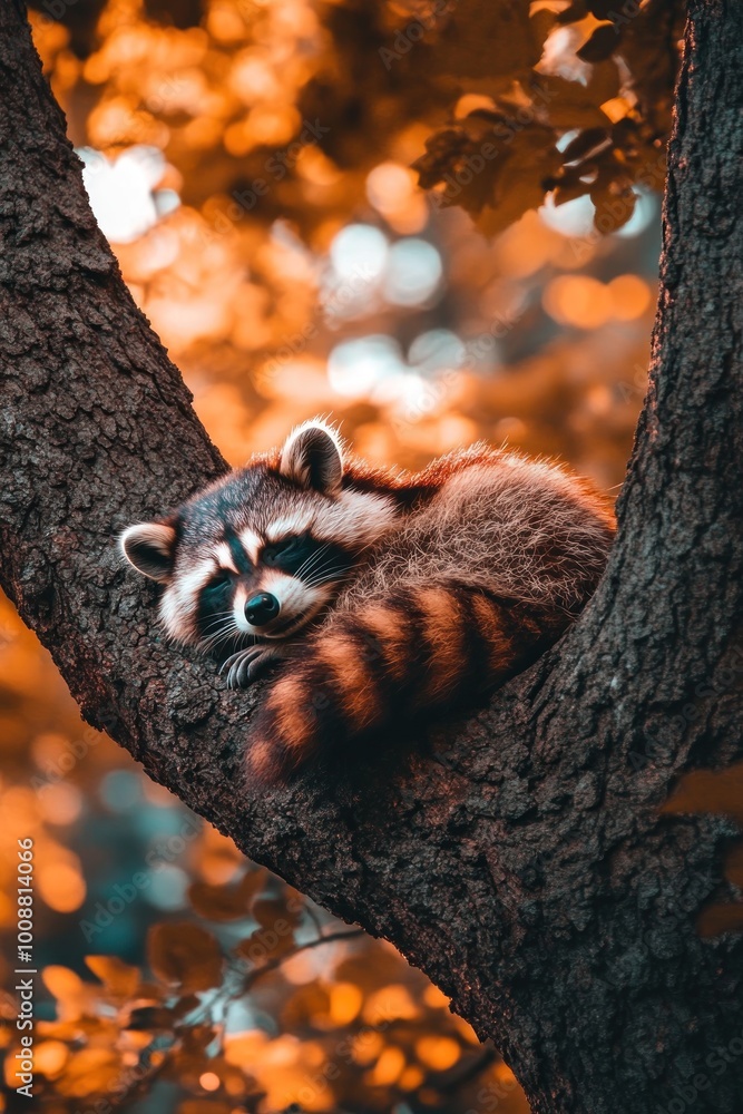 Poster A raccoon peacefully resting on a tree branch amidst autumn foliage.