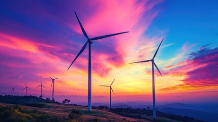 Obraz premium A clean energy wind farm at sunset, with wind turbines spinning against a colorful sky, showcasing the beauty and potential of renewable energy sources.