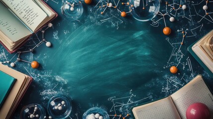 A dynamic background showcasing educational materials like books, a chalkboard, and scientific models, representing diverse fields of study.
