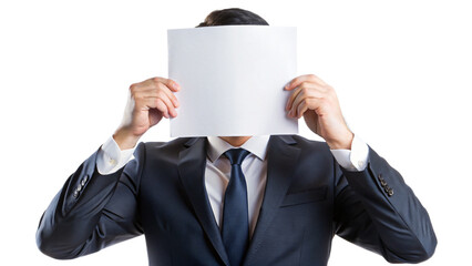 Businessman in suit holding blank paper for presentation