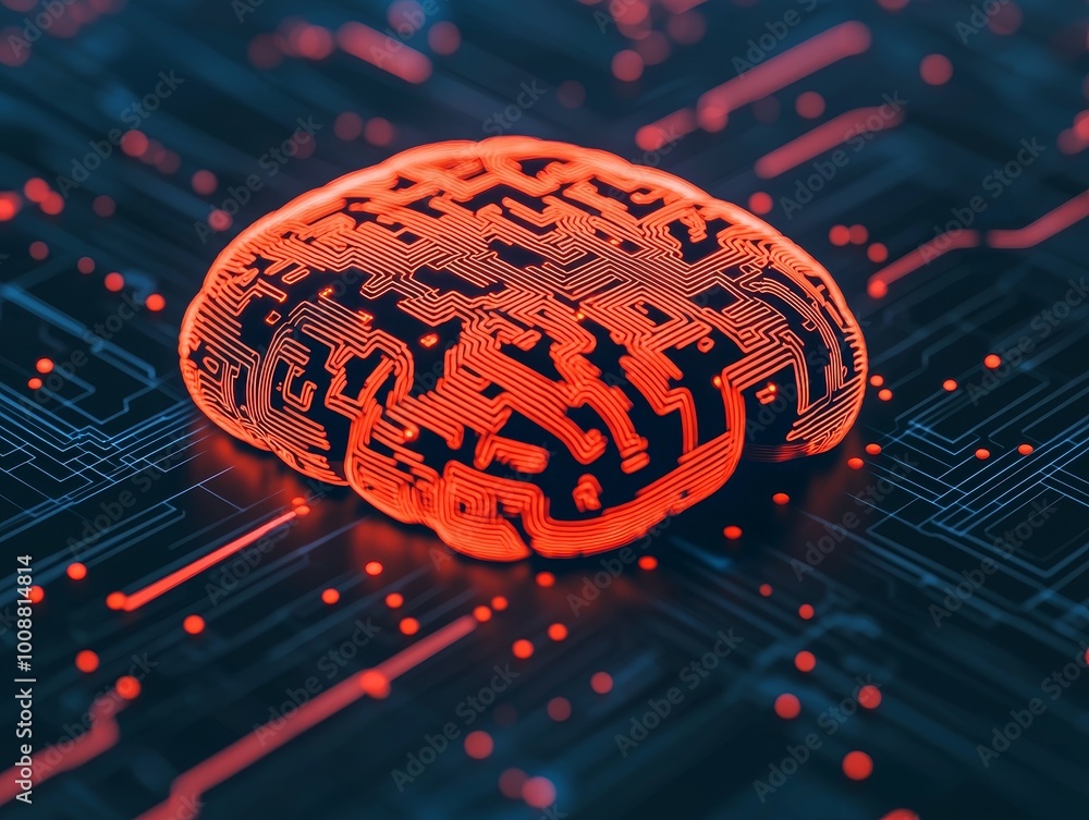 Poster abstract digital brain with circuit patterns on a dark background.